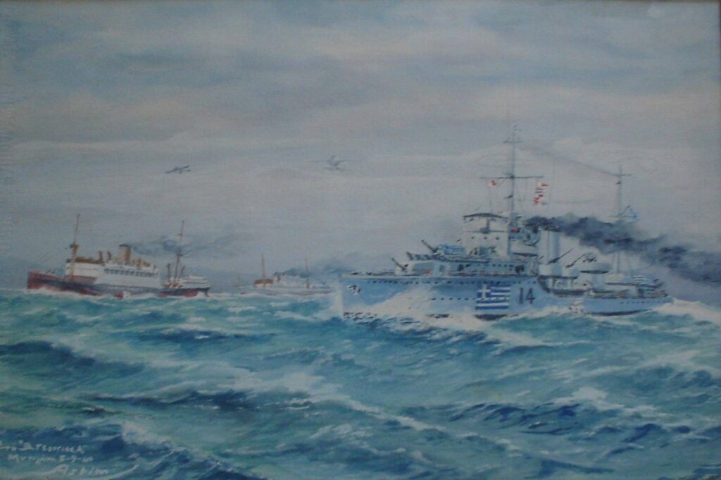 From November 1939 – and for the duration of the World War II in Greece- Superior Commander of the 10 destroyers, on board the “KING GEORGE”.  After the serious damage inflicted by the German air force to the “KING GEORGE” on April 13, 1941, he raised his banner on the destroyer “AETOS” and later  on the destroyer “HYDRA”.